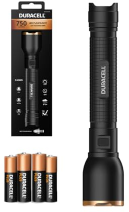 Duracell LED Taschenlampe DF750 Core – 750 Lumen, fokussierbar, 120m Leuchtweite, 4xAAA Batterien inkl., verschiedene Lichtmodi, spritzwassergeschützt, robustes Gehäuse, sofort einsatzbereit
