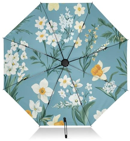 linqin Kompakter Regenschirm mit Blumenmotiv und Weißtönen, faltbar, umgekehrt, Reiseschirm für Sonne, Regen, groß, 8 Rippen, winddicht, UV-Regenschirm, automatisch, für Damen und Herren, Hellblau