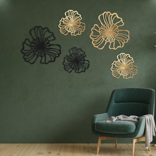 Fyeme 5 Stück Wanddeko Metall Boho Design mit Anschließen 2 Größen Doppelschichtiges Struktur 3D Stereo Dekoration für Wohnzimmer Schlafzimmer Esszimmer Büro (Schwarz+Gold)