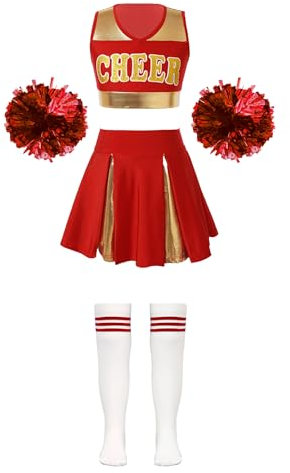 Fldy Mädchen Cheer Leader Outfit Cheerleading Rock Oberteil Pompoms Socken Kinder Fasching Party Tanzkleidung Rot 158-164