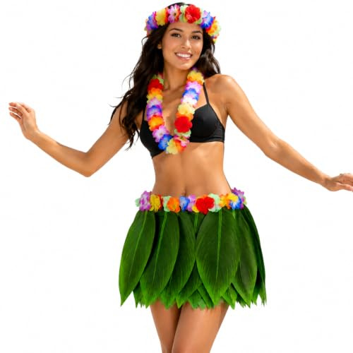Garneck Hawaiianisches Damen-Outfit Mit Blatt-Hula Rock Und Bastrock Für Luau Partys Strand Events Und Geburtstagsfeiern – Bunter Hawaii Rock Für Unvergessliche Momente
