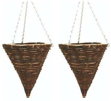Wicker Basket Planters – Natural Rattan Willow Hanging Flower Pots with Polythene Liner & Metal Chain – Large Decorative Cone Shaped Hanging Planters for Indoor & Outdoor (Cone 36cm, 14Inch x 2Pack)