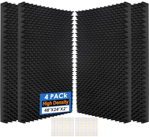 4 Pack Acoustic Panels, 48x24x2” Egg Crate Soundproof Foam Wall Panels High Density Noise Canceling Studio Foam Wall Panels for Echo Absorption Home Office (Black 4 Pack, 48x24x2)