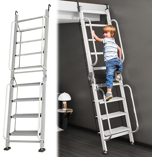 Portable Bunk Bed Ladder Safety 8 9 10 11 12 Treads Ultra-high, Foldable Fire Escape Ladder From Roof/ Window Well Egress Ladders, Lofts/ Dorm/ Caravans/ Storerooms Attic Ladder(Silver,8 Step-8.4')