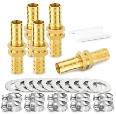 TAILONZ PNEUMATIC 5PCS Messing Schlauch Thru-Bulk Bulkhead Fitting 6mm bis 6mm Barb, gerade Hex Union Fitting mit 10PCS Clamp