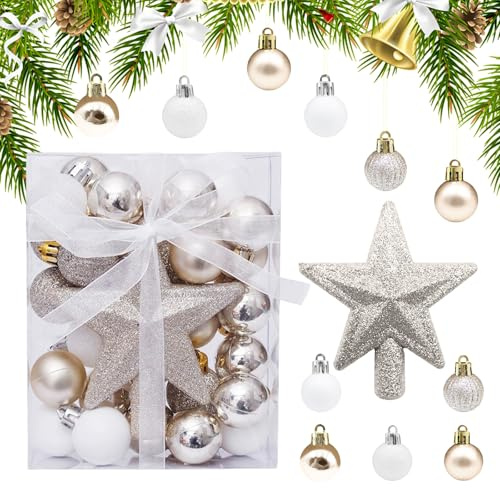 Bolas de Árbol de Navidad Mini Φ3cm 30pcs Adornos de Bolas de Navidad Pequeñas Bolas de Navidad con Estrella Adornos de Árbol de Navidad Resistente para Colgar en Árbol de INT Ext y Mesa, Plat y Dor