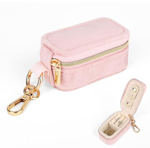 Fukaisu Mini-Schmuckkästchen, 2-In-1-Ringhalter und Schlüsselanhänger-Organizer Ideal als Frauen Kleine Unterteilte Ohrringbox zur Aufbewahrung von Ringen Halsketten Anhängern (Pink)