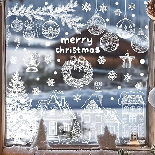 CUVZORA 129 Stück Fensterbilder Weihnachten Selbstklebend, Weiß Weihnachten Fensterbilder, Statisch PVC Schneeflocken Aufkleber, Wiederverwendbar, für Winter Fenster Weihnachten deko