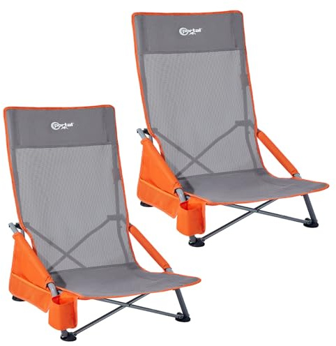 Portal High Back Beach Chair Set of 2 Lightweight Low Camping Chair Portable for Adults Foldable Beach Seat Festival Picnic Backpack Deck Chair Outdoor Collapsible with Cupholder Breathable Mesh 150KG