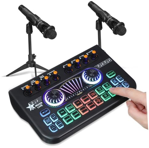 AKOOSY Profesional de Equipo para Podcast con Mezclador de Audio y Micrófonos Consola Dj Versátil con Cambiador de Voz para Streaming Grabación y Gaming