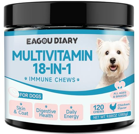 18-in-1-Multivitamin für Hunde – Vitamine und Nahrungsergänzungsmittel für Hunde, Vitamine für Senioren und Welpen mit Mineralien, Lysin, Hühnergeschmack, 120 Stück