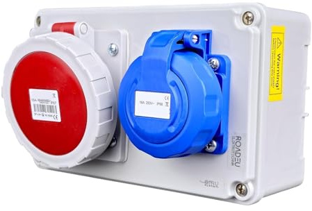RoadEu – Steckdosenverteiler Schuko 230V + CEE 16A 5-polig, Stromverteiler IP67 Wasserdicht, Außensteckdose mit Abdeckung, Baustromverteiler für Indoor/Outdoor