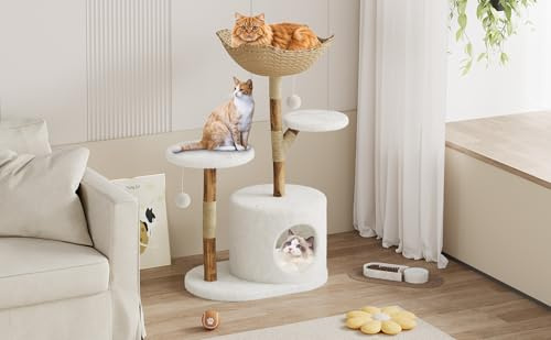 Rascador moderno de madera natural, elegante torre de escalada maciza con gran cesta de ratán, troncos para rascar, diseño de asta, poste de lujo para gatos grandes de hasta 10 kg, 73 x 44 x 109 cm