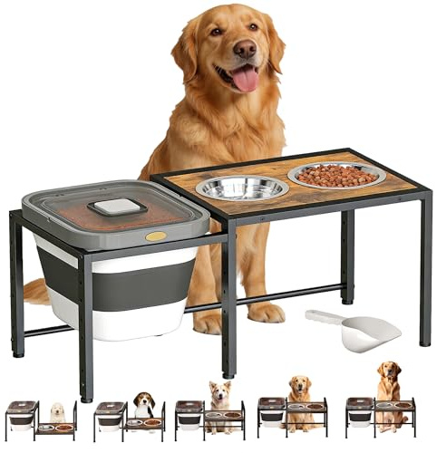 Elevated Dog Bowls with Storage Container ，Raised Dog Bowls for Large Dogs，15-18 lb Airtight Dog Food Storage Container, Adjustable Height Feeding Station