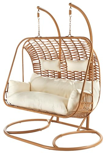 Kobolo Hängekorb MABURI Zweisitzer | 165x110x190 cm | braun | eleganter Hängesessel aus Polyrattan für 2 Personen | geflochtener Doppelsitzer mit Kissen | gemütlicher Hängestuhl für Wohnraum & Balkon