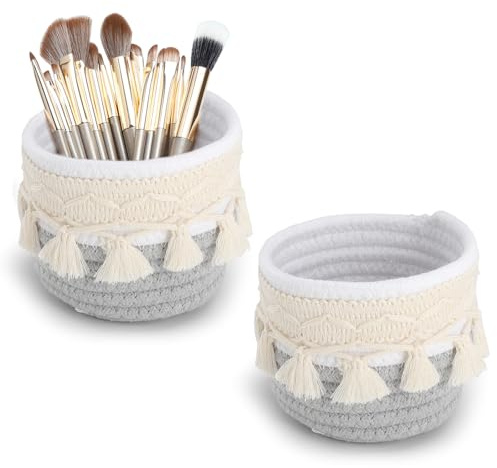 2 Stück Boho Pinselhalter Korb Geflochtene Körbchen für Schminktisch Organizer und Kosmetik mit 15-teiliger Make-up Bürsten Set Pinselhalter Kosmetik ideal für kleine Körbchen im Badezimmer Grau