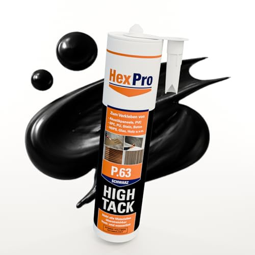 HexPro Polymer Montagekleber extra stark (5 Kartuschen P63 Schwarz) Profi Kraftklebstoff Innen Außen - überstreichbar wasserfest UV-beständig elastisch für dunkle Akustikpaneele Filz