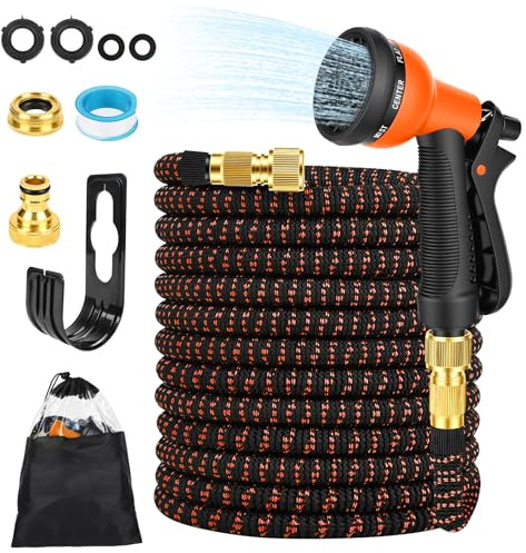 PUTINEI Tuyau Arrosage Extensible 30m Raccord de Robinet 1/2 et 3/4, Tête de Pulvérisation avec 8 Fonctions, avec Sac de Rangement, Support de Tuyau pour Jardin, Camping-Car, Camping (Oranges)