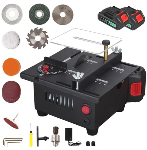 Table Saw,Cordless Mini Electric Table Saw,15000r/min Multi Electric Metal Chop Bench Saws to Cut Wood,Angle Adjustable 16MM Cutting Depth,for PCB Board,Thin Wood Board,Battery*2