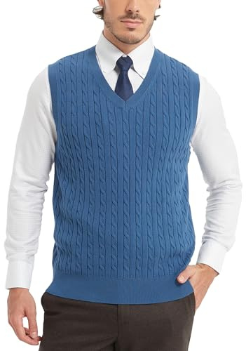 Kallspin Men's Cotton Sweater Vest V Neck Cable Knit Sleeveless Jumper Casual Pullover (Blue, M)