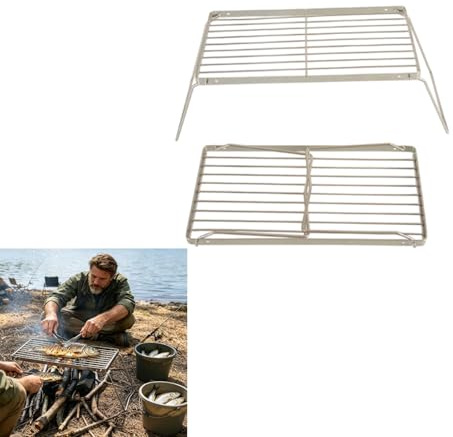 Foldable Campfire Grill, Stainless Steel Adjustable Pot Rack, Portable Hollow Grid BBQ Stand, Heavy Duty Outdoor Cooking Support, Camping Picnic Hiking Daily Use (B)