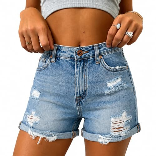 Fjquamitix Denim Shorts for Women High Waist Ripped Denim Shorts Straight Cut Rolled Hem Jeans for Women UK Casual Summer Stretchy Ladies Jeans