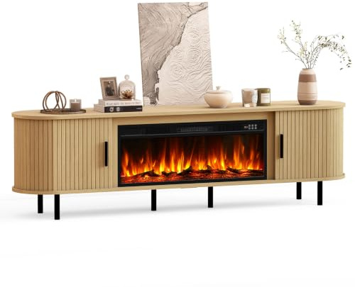 Quiniver 80 Curved Fluted TV Stand With Electric Fireplace Natural Oak