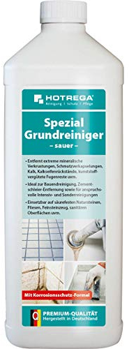HOTREGA Spezial-Grundreiniger sauer 1 Liter Konzentrat| Zur Entfernung von Zementschleier, Kalkverkrustungen & Grauschleier auf Fliesen, Feinsteinzeug