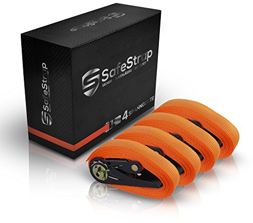 SafeStrap Extremely Robust Tie Down Ratchet Straps - 1600kg capacity - 4 Pack 6m - EN 12195-2 Compliant Test Winner - Orange