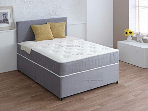 Comfy Deluxe LTD Suede Divan Bed Set, 3FT Single, Silver | Suede Bed Frame, 20 Inch Plain Headboard, Memory Sprung Mattress Included, No Storage Drawer, UK Made