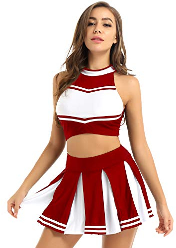 Oyolan Mädchen Damen Cheerleading Kostüm Uniform Set Ärmellos Bauchfrei Crop Top mit Minirock Faltenrock Karneval Fasching Halloween Kostüm Rot S