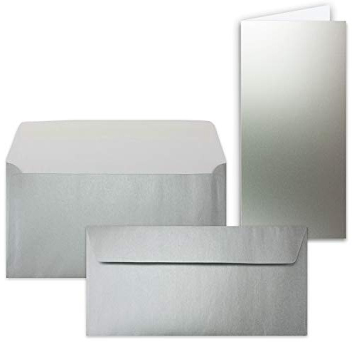 25x Faltkarten-Set mit Briefumschlägen DIN Lang in Silber (Metallic) - 21 x 10,5 cm - Blank Klappkarten und Umschläge für Einladungen und Grüße zu Geburtstag und Hochzeit
