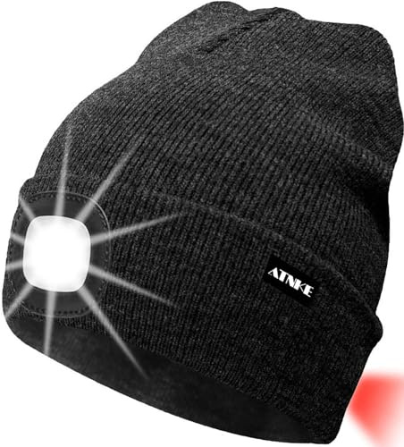 ATNKE 8LED beleuchtete Strickmütze, wiederaufladbare USB-Scheinwerferkappe mit extrem Heller, wasserdichter Lampe und Blinkender Alarm Rotes Rücklicht Multi-Color