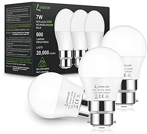 LOHAS-LED B22 LED Bayonet Light Bulbs, 7W G45 Golf Ball Bulb, Warm White 3000K LED Bulbs, 60W Incandescent Equivalent, 600LM, Non-Dimmable, Energy Saving Light Bulbs, 220-240V, Pack of 3 | 3000K LED Bulbs, 60W Incandescent Equivalent, 600LM, Non-Dimmable, Energy Saving Light Bulbs, 220-240V, Pack of 3