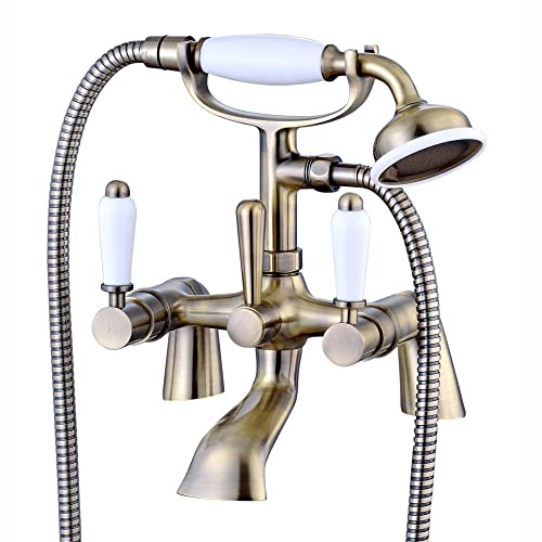 ENKI BT0808 Downton Bath Shower Mixer Tap, Antique Brass, Handset | Handset & Hose, Deck Mounted, Bathroom