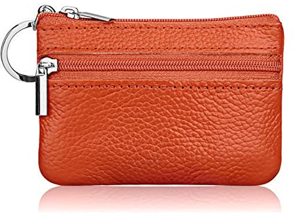 Hibate Mini Leather Coin Purse Holder Pouch for Women Men Kids with Zip Key Ring - Orange