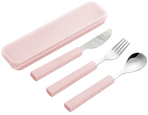 VANRA 3-Piece Children Utensils Set 18/10 Stainless Steel Child Flatware Set Silverware Knife Spoon Fork Set with Travel Case for Kids Lunch Box (Pink)