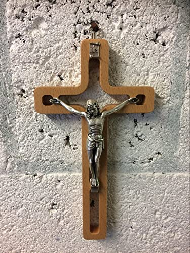Kruzifix aus Holz, Wandkreuz zum Aufhängen, silberfarbenes Metall, Korpus, Christi, Jesus, Christus, religiös