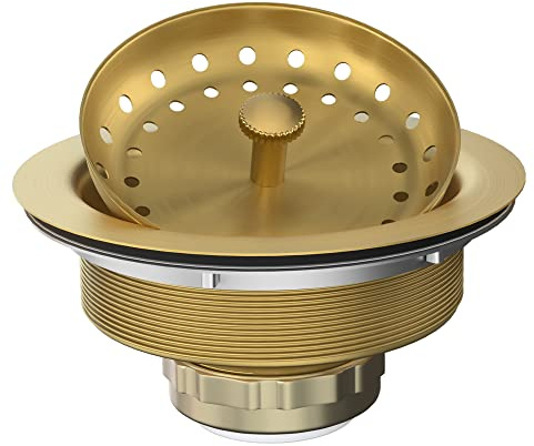 EXAKEY Küchenspüle Abfluss Gold Spülbecken Abflusssieb mit festem Pfosten 8,9 cm Küchenablauf Montage mit Siebkorb und Ablaufstopfen für Standard-Küchenspüle Edelstahl Gebürstet Gold