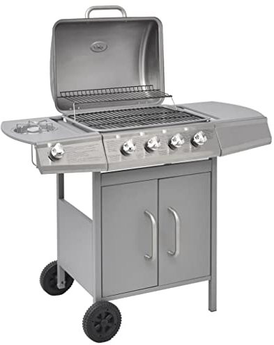 Gasgrill mit 4 große Brenner und 1 Seitenbrenner, BBQ Station Grill mit Fettauffangschale & Thermometer, Grillabdeckung & Rollen, Grillwagen Gusseisen Grillrost Grillstation Camping