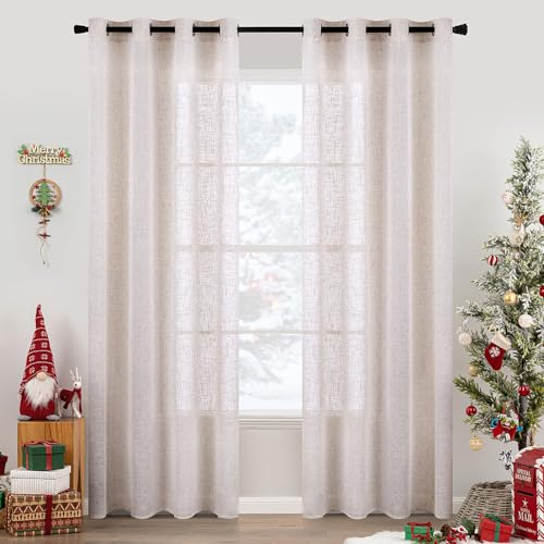 MIULEE Juego de Cortinas de Lino Translúcido de Dos Piezas con Ojales Cortinas Modernas para Dos Puertas de Balcón Cortinas para Salón Dormitorio 245x140cm (HxL) Lino Natural Blanco