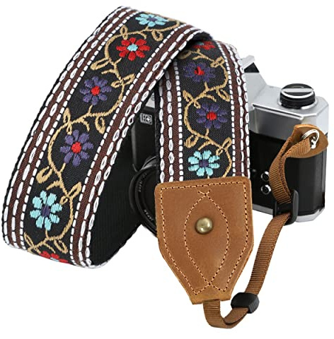 Padwa Lifestyle 2 Wide Classic Crazy Horse Art Cowhide Head Camera Strap - Jacquard Embroidery Floral Vintage Camera Straps for Photographers Gift, Adjustable Shoulder Neck Strap Fits DSLR Cameras