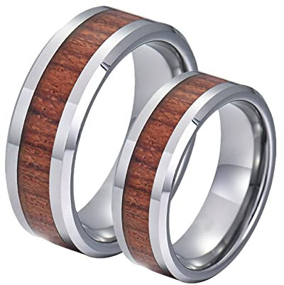 Dsnyu Verlobung Ring Paar, Hölzern Freundschaftsringe 8MM, Wolframcarbid Silber Hochzeitsringe Paar für Ehemann Damen GR. 62 (19.7) + Herren GR. 67 (21.3)