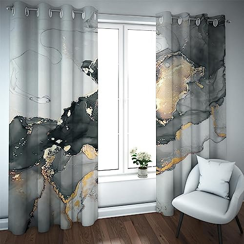 LEFEDA Schwarz und Grau Abstrakte Marmor Textur Verdunkelungsfenster Vorhänge Luxus Gold Risse Verdunkelnde Vorhänge mit Ösen Fensterdekor 2 Paneele 260x200cm