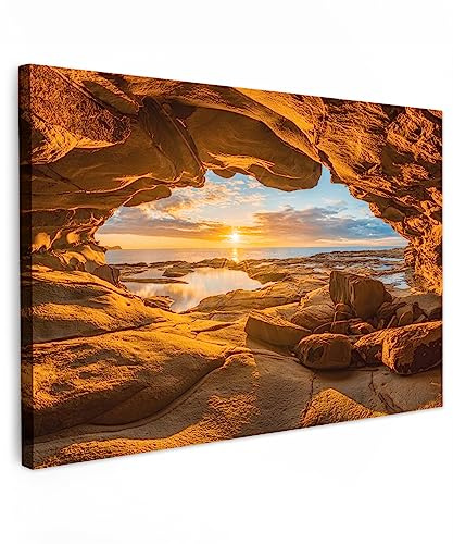 MuchoWow© Leinwand Deko Schlafzimmer Aesthetic Leinwandbilder Natur | 90x60 cm - Wohnzimmer Gemälde Foto Geschenk Living Room Decoration Bild Höhle - Meer - Horizont - Sonnenuntergang