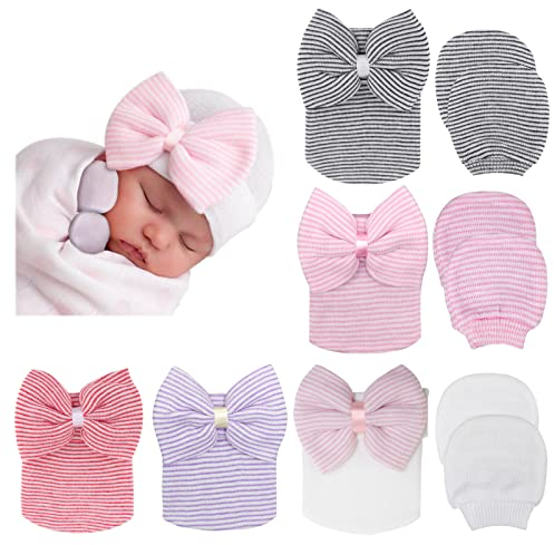 DRESHOW Neugeborene Baby Mütze Fäustlinge Krankenhaus Hut Beanie Säuglingshüte mit Schleife Baby Handschuhe