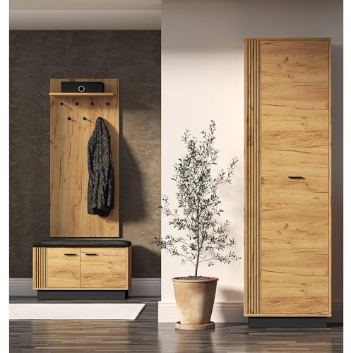Lomadox Flur Garderoben Dielen Set, 3-teilig, inkl. Schrank, Paneel, Schuhbank Gold Craft Eiche