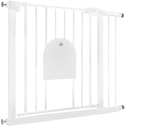HENGMEI Valla Rejilla Protectora para Escaleras, Puerta de Metal sin Agujeros, 85-95 cm, Cierre Automático, para Seguridad Infantil, Color Blanco (con Puerta para Mascotas)