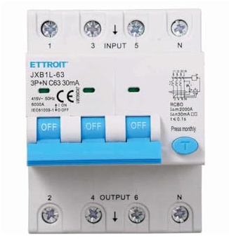 Interrupteur magnétothermique différentiel triphasé 30 mA, 3P+N 6KA 380 V, occupe 4 modules DIN, RCBO 3P+N 30 mA C63 63 A