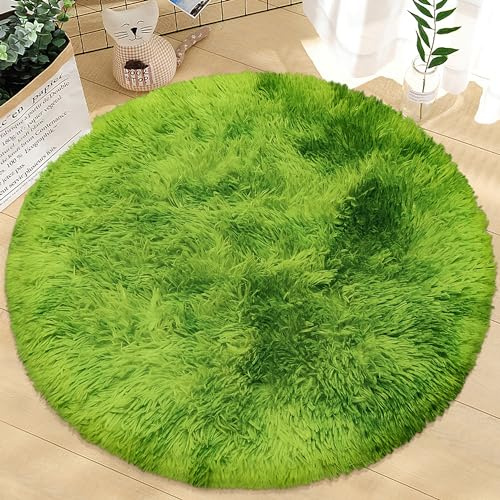 ATRUG 3 ft Small Green Grass Round Rugs for Bedroom,Tie Dyed Green Circle Rug Fluffy Fuzzy Round Carpet Shag for Boys Bedroom Girls Room Kids Playroom Nursery Room Decor Aesthetic
